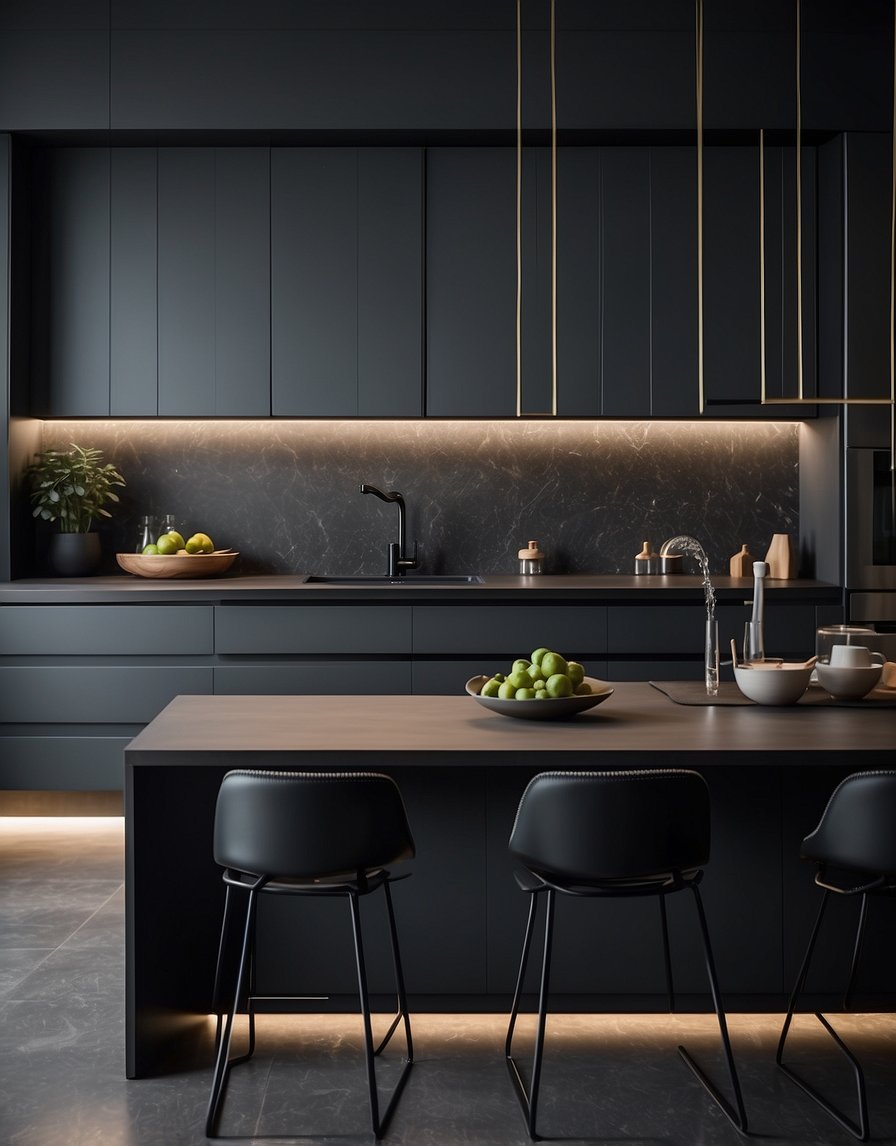 The kitchen is adorned with Mystic Mold 32 Dark Gray cabinets, creating a sleek and modern aesthetic