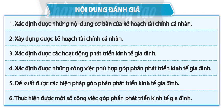 CHỦ ĐỀ 5: XÂY DỰNG KẾ HOẠCH TÀI CHÍNH CÁ NHÂN VÀ PHÁT TRIỂN KINH TẾ GIA ĐÌNHNHIỆM VỤ 1: TÌM HIỂU VỀ KẾ HOẠCH TÀI CHÍNH CÁ NHÂNBài 1: Nghiên cứu và đưa ra nhận xét về kế hoạch tài chính của bạn M. Trong tình huống dưới đây.Bố mẹ cho M. mỗi tháng là 600 000 đồng để ăn sáng; 200 000 đồng tiền tiêu vặt. Bên cạnh đó, M. có thể tự kiếm thêm cho mình 200 000 đồng mỗi tháng nhờ vào một số công việc như bán phế liệu, viết bài gửi báo, làm các sản phẩm thủ công,... Ngoài ra, ông bà thưởng M. khi đạt được thành tích trong học tập và rèn luyện. M. đã lập kế hoạch tài chính trong 3 tháng tới như sau...Gợi ý đáp án:Đặt mục tiêu rất rõ ràng; Đưa ra các nguồn thu chi cụ thểBài 2: Xác định các bước lập kế hoạch tài chính cá nhân thông qua nghiên cứu tình huống trên.Gợi ý đáp án:+ Đặt mục tiêu + Xác định các khoản thu+ Phân bố tài chính + Ra quyết địnhBài 3: Chỉ ra một số điều cần lưu ý khi xây dựng kế hoạch tài chính cá nhân.Gợi ý đáp án:- Xác định cái mình cần và cái mình muốn.- Xác định các khoản chỉ ưu tiênNHIỆM VỤ 2: TÌM HIỂU CÁC HOẠT ĐỘNG PHÁT TRIỂN GIA ĐÌNHBài 1: Xác định các hoạt động phát triển kinh tế gia đình.Gợi ý đáp án:- Trồng trọt: làm đất, làm cỏ, làm cây giống, thu hoạch, bảo quản, bán,...- Chăn nuôi, nuôi trồng thuỷ hải sản: tìm kiếm thức ăn, cho ăn,...- May, dệt: dệt vải, cắt chỉ, đóng gói,...- Kinh doanh lưu trú: dọn phòng, tiếp tân, giặt giũ,...- Kinh doanh dịch vụ ăn uống: phụ bếp, phụ bàn, thu tiền, rửa bát, giao hàng,...Bài 2: Lựa chọn và chia sẻ những hoạt động phù hợp với bản thân để góp phần phát triển kinh tế gia đình.Gợi ý đáp án:+ Không tiêu sài lãng phí+ Chăm chỉ học tập+ Biết tiết kiệm trong các khoản chi tiêuNHIỆM VỤ 3: THỰC HÀNH XÂY DỰNG KẾ HOẠCH TÀI CHÍNH CÁ NHÂNBài 1: Lập kế hoạch tài chính theo các bước dưới đây.Gợi ý đáp án:+ Đặt ra các mục tiêu + Xác định các khoản thu+ Phân bổ tài chính hợp lí+ Ra quyết địnhBài 2: Chia sẻ kế hoạch tài chính của em với người thân và lắng nghe ý kiến đóng góp để điều chỉnh cho phù hợp.Gợi ý đáp án:HS chia sẻBài 3: Thực hiện kế hoạch tài chính cá nhân và đánh giá kết quả.Gợi ý đáp án:HS thực hiện và đánh giá kết quảNHIỆM VỤ 4: ĐỀ XUẤT CÁC BIỆN PHÁP GÓP PHẦN PHÁT TRIỂN KINH TẾ GIA ĐÌNHBài 1: Đề xuất các biện pháp có thể góp phần phát triển kinh tế gia đình emLưu ý:- Biện pháp góp phần phát triển kinh tế phải phù hợp với gia đình em.- Biện pháp góp phần phát triển kinh tế phải tuân thủ những yêu cầu cảu xã hội (bảo vệ môi trường, đảm bảo sức khỏe,..)Gợi ý đáp án:+ Nhận đồ may về làm thêm ngày nghỉ.+ Đầu tư vào các hoạt động kinh doanh nhỏ.Bài 2: Đề xuất các bước thực hiện biện pháp mà em lựa chọn Gợi ý đáp án:+ Lựa chọn loại hoạt động phát triển kinh tế gia đình + Lựa chọn mặt hàng mọi người ưa chuộng, dùng nhiều + Thực hiện biện pháp tiếp thị sản phẩm + Xác định hiệu quả.Bài 3: Chia sẻ các đề xuất của em với gia đình, người thân- Trình bày các kế hoạch của em với gia đình, người thân.- Lắng nghe góp ý của mọi người và tự hoàn thiện những điểm còn hạn chế trong các kế hoạch em đề xuất.Gợi ý đáp án:+ Muốn lấy thêm gạo, vải về bán+ Trồng rau, kinh doanh tạp hóa.NHIỆM VỤ 5: THAM GIA CÁC HOẠT ĐỘNG GÓP PHẦN PHÁT TRIỂN KINH TẾ GIA ĐÌNHBài 1: Thực hiện một số công việc cụ thể góp phần phát triển kinh tế gia đìnhGợi ý đáp án:+ Lấy thêm gạo ở các cửa hàng vàrao bán trên các trang mạng.+ Làm các sản phẩm thủ công để bán+ Nuôi trồng thêm tại gia đình.Bài 2: Chia sẻ những kết quả bước đầu sau khi tham gia các hoạt động góp phần phát triển kinh tế gia đìnhGợi ý đáp án:- Góp phần nào phát triển kinh tế gia đình- Mọi người làm quen dần với công việc khác- Quý trọng giá trị đồng tiền.Bài 3: Duy trì hoạt động tham gia phát triển kinh tế gia đình phù hợp với bản thânGợi ý đáp án:+Lấy gạo ở các đại lí và về bán.+ Làm các sản phẩm thủ công để bán+ Nuôi trồng thêm tại gia đình.NHIỆM VỤ 6: TỰ ĐÁNH GIÁ