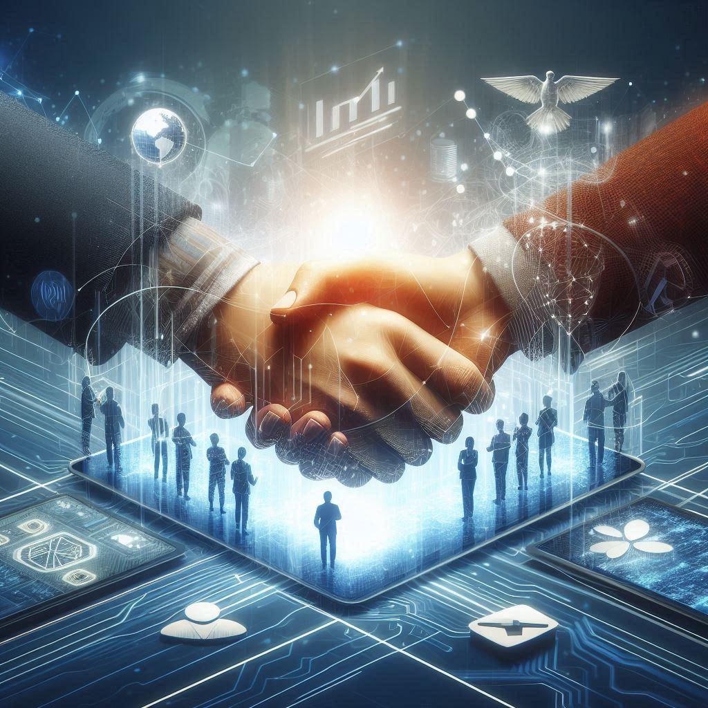 A visual of two teams shaking hands or working together on a shared digital platform