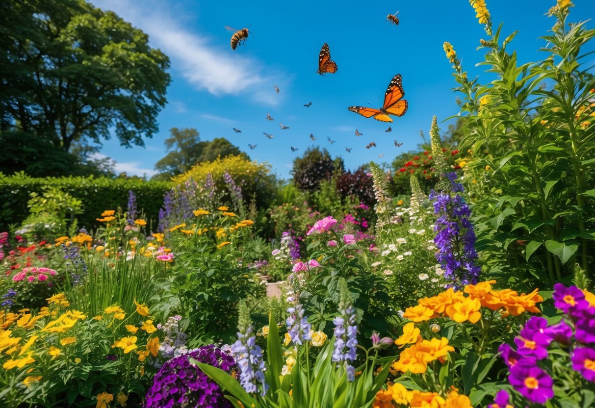 A colorful garden with a variety of blooming flowers, buzzing bees, and fluttering butterflies, surrounded by lush greenery and a bright blue sky