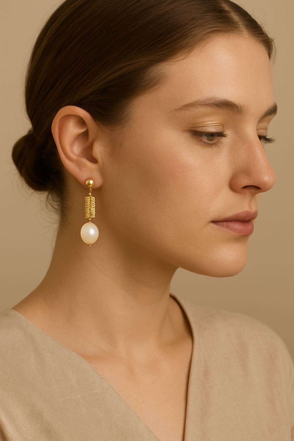 Woman wearing Laura B Candydoll pearl earrings with low bun