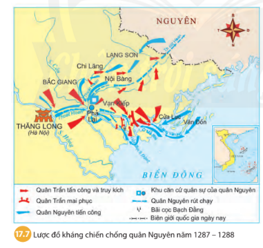 BÀI 17. BA LẦN KHÁNG CHIẾN CHỐNG QUÂN XÂM LƯỢC MÔNG NGUYÊN1. Cuộc kháng chiến chống quân xâm lược Mông Cổ năm 1258Câu 1: Dựa vào sơ đồ 17.1 và lược đồ 17.2, hãy trình bày diễn biến chính của cuộc kháng chiến chống quân Mông Cổ năm 1258.Đáp án chuẩn:Cuộc kháng chiến chống quân Mông Cổ năm 1258 của nhà Trần:- Năm 1257, Mông Cổ xâm nhập biên giới Đại Việt và gửi sứ giả dụ hàng.- Quân Trần dẫn đầu bởi vua Trần Thái Tông tổ chức chiến lược phòng thủ.- Ngày 17/1/1258, quân Mông Cổ bị đánh bại tại Bình Lệ Nguyên.2. Cuộc kháng chiến chống quân xâm lược Nguyên năm 1285Câu 1: - Khai thác thông tin trong bài và lược đồ 17.5, em hãy vẽ sơ đồ tư duy diễn biến chính của cuộc kháng chiến chống quân Nguyên năm 1285.- Khai thác tư liệu 17.3 và 17.4, em hãy rút ra đặc điểm chung về tinh thần chống giặc ngoại xâm của vua quan và nhân dân thời Trần. Đáp án chuẩn:- Sơ đồ tư duy diễn biến chính của cuộc kháng chiến chống quân Nguyên năm 1285: - Qua tư liệu 17.3 và 17.4, ta thấy được tinh thần chống giặc kiên cường, bất khuất, không chịu đầu hàng, lùi bước trước kẻ thù của vua quan và nhân dân thời Trần. 3. Cuộc kháng chiến chống quân xâm lược Nguyên năm 1287 - 1288Câu 1: - Dựa vào sơ đồ 17.6 và lược đồ 17.7, em hãy vẽ sơ đồ thời gian những diễn biến chính của cuộc kháng chiến chống quân Nguyên năm 1287 - 1288. - Vì sao khi bước vào kháng chiến, trước thế giặc rất mạnh, Hưng Đạo Vương lại khẳng định với vua Trần:  Năm nay đánh giặc nhàn