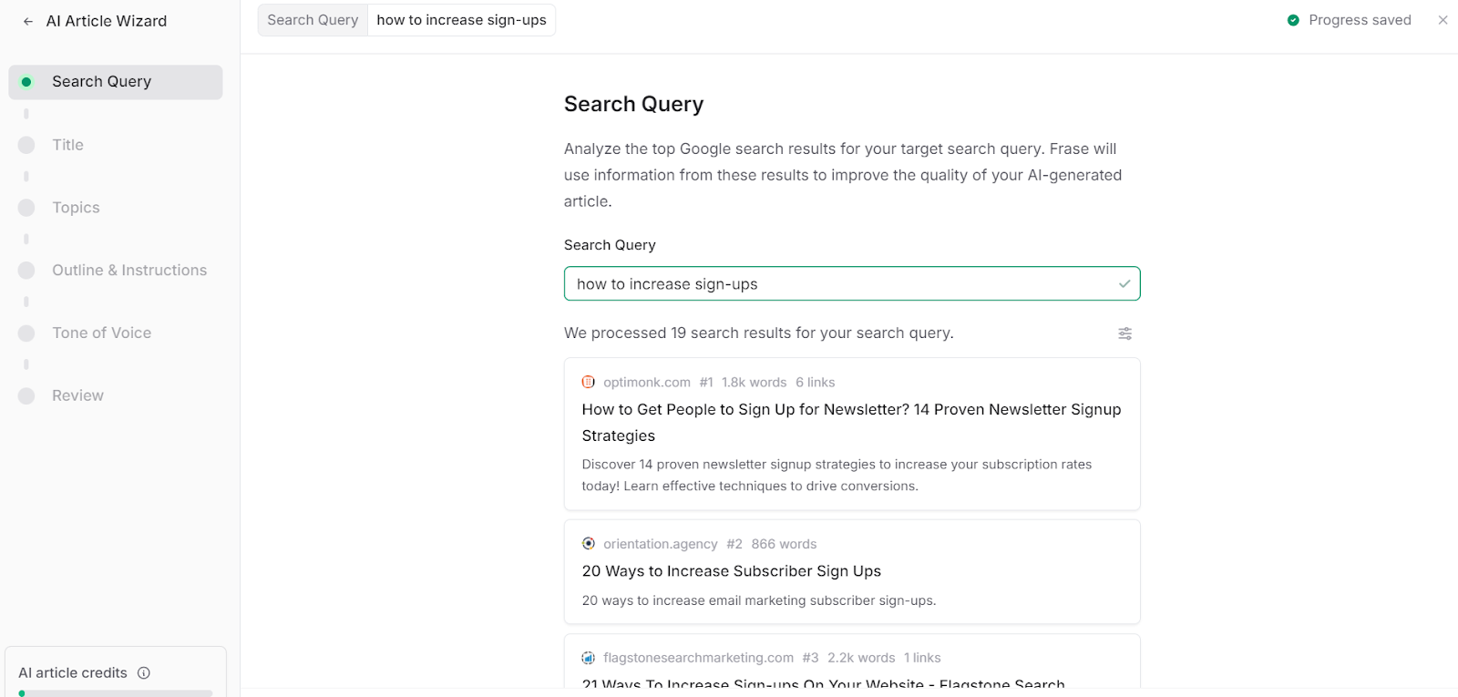 How to generate AI content on Frase AI Wizard