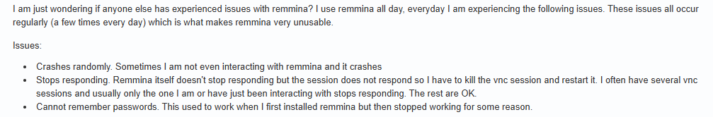 Remmina user complains about frequent crashes, unresponsive VNC sessions, and inability to save passwords