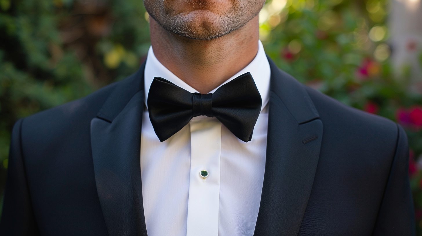Formal man wearing a tuxedo shirt with a stiff bib front panel, tuxedo studs, black bow tie, dressed for a high-end gala or formal wedding.