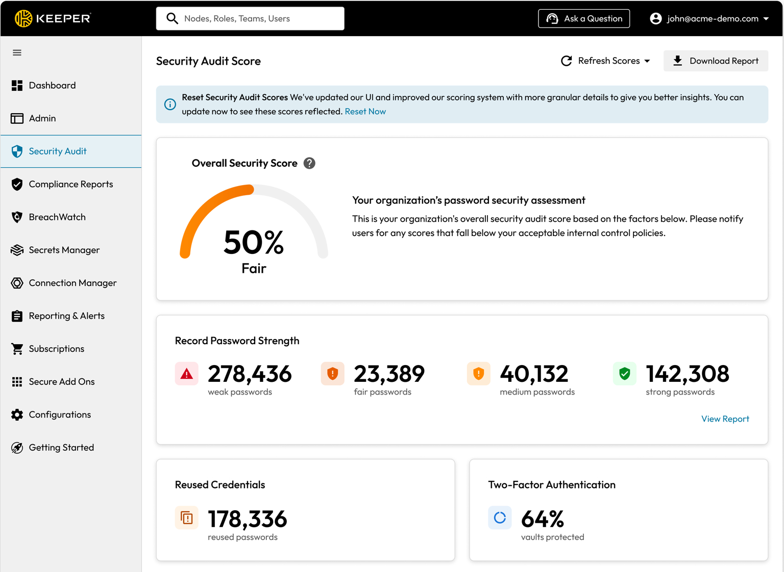 Screenshot showing the new Security Audit UI within Keeper.