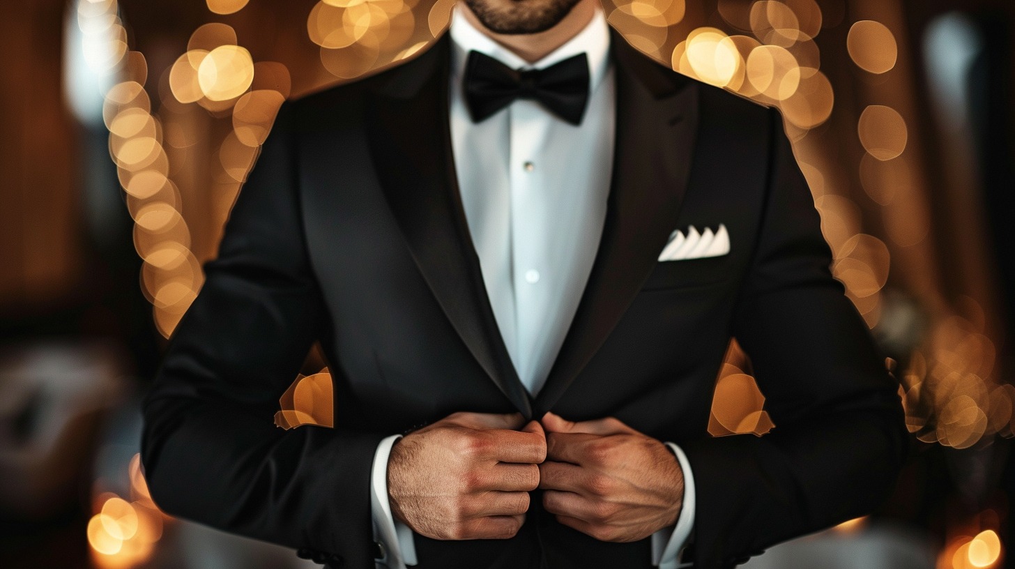 Man wearing a peak lapel tuxedo with sharply pointed lapels, formal black-tie event, bold stance, dramatic lighting to highlight the lapel and broad shoulders