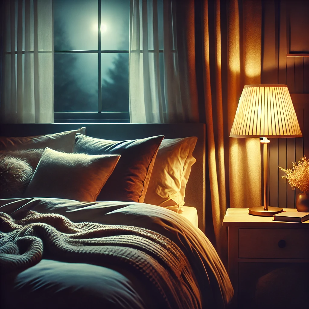 A cozy bedroom at night with a softly glowing lamp on a bedside table, casting warm and inviting light. The bed is layered with plush blankets and fluffy pillows, exuding comfort. The curtains are slightly open, showing a peaceful night sky. The scene radiates relaxation and serenity, symbolizing the invitation to a deep, restful, and sweet slumber.