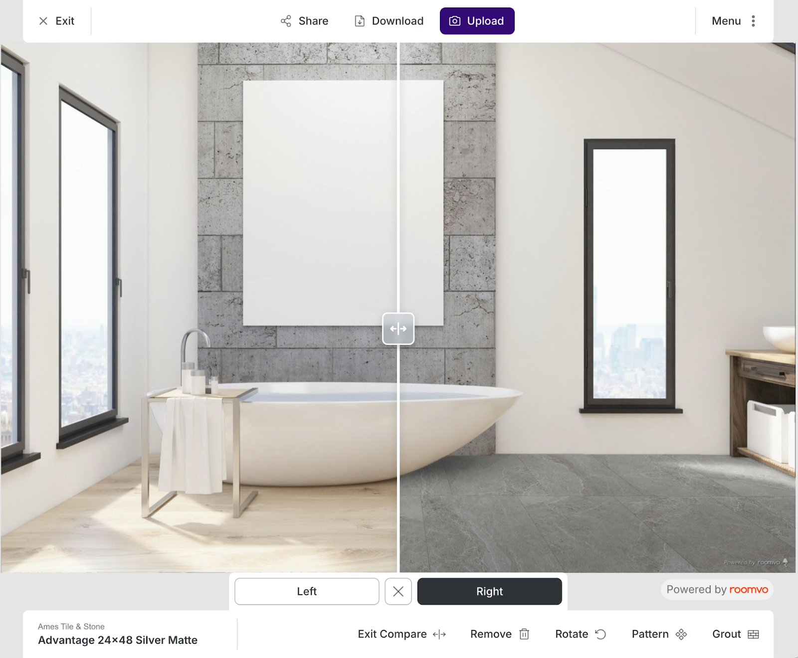 Ames room visualizer showing split between two different Ames flooring types to help viewers decide on the flooring they like best