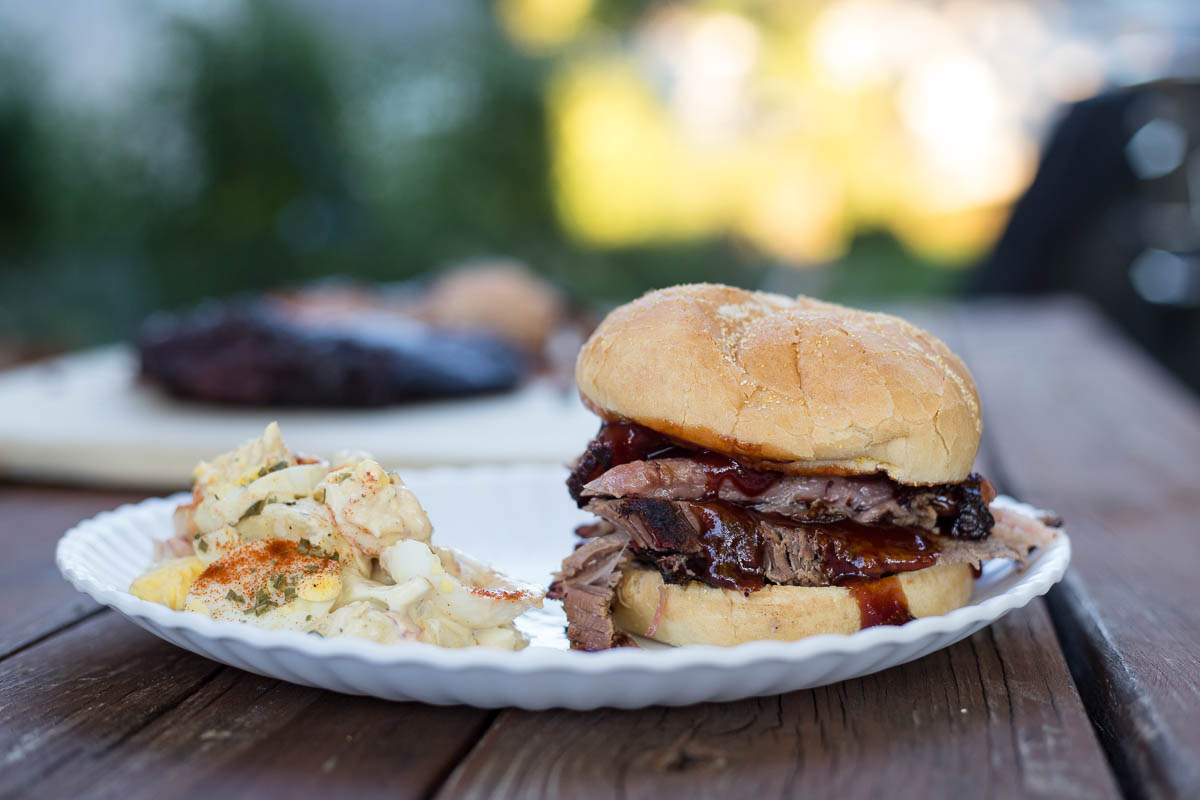 BBQ beef brisket sandwich and fresh garden potato salad