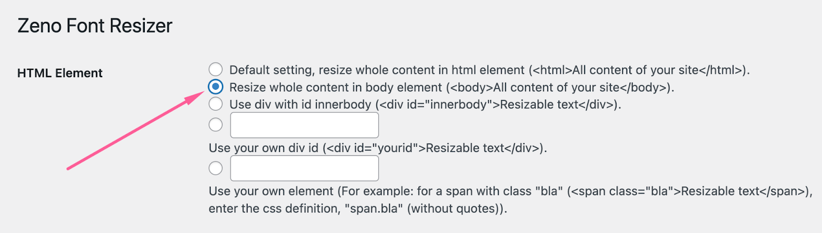 Opciones de configuración en el plugin de WordPress Zeno Font Resizer