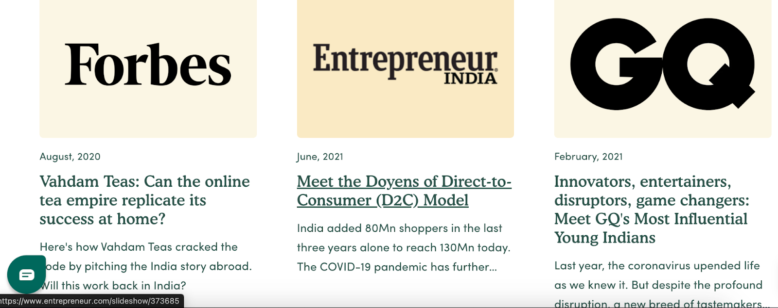 Image showing Vahdam's press release on platforms like Forbes, Entrepreneur India and GQ.