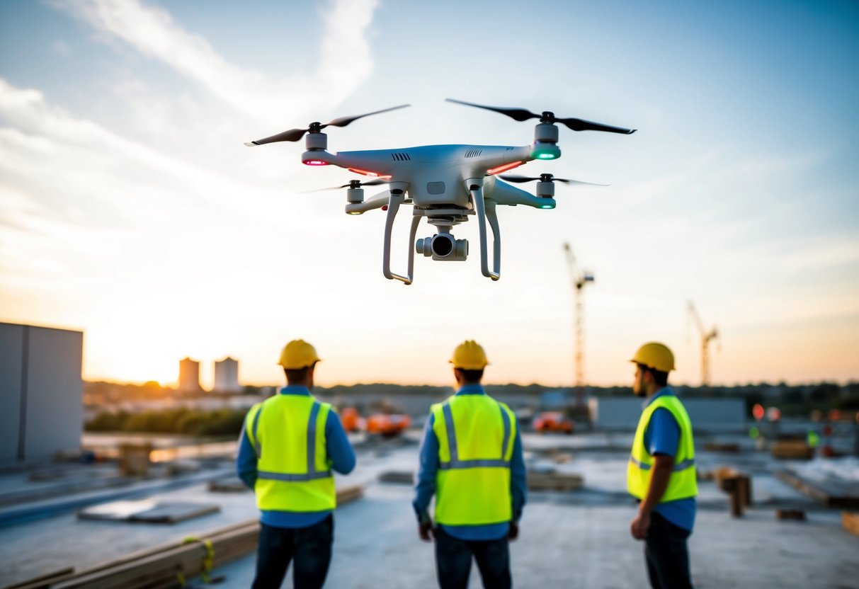 A construction site with a drone flying overhead, inspecting the area for compliance and best practices. Workers are seen wearing safety gear