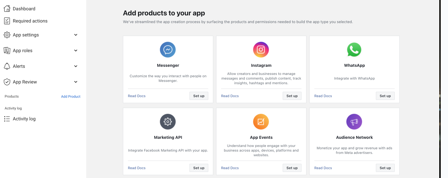 Scroll down the “add products” list until you find Facebook Marketing API