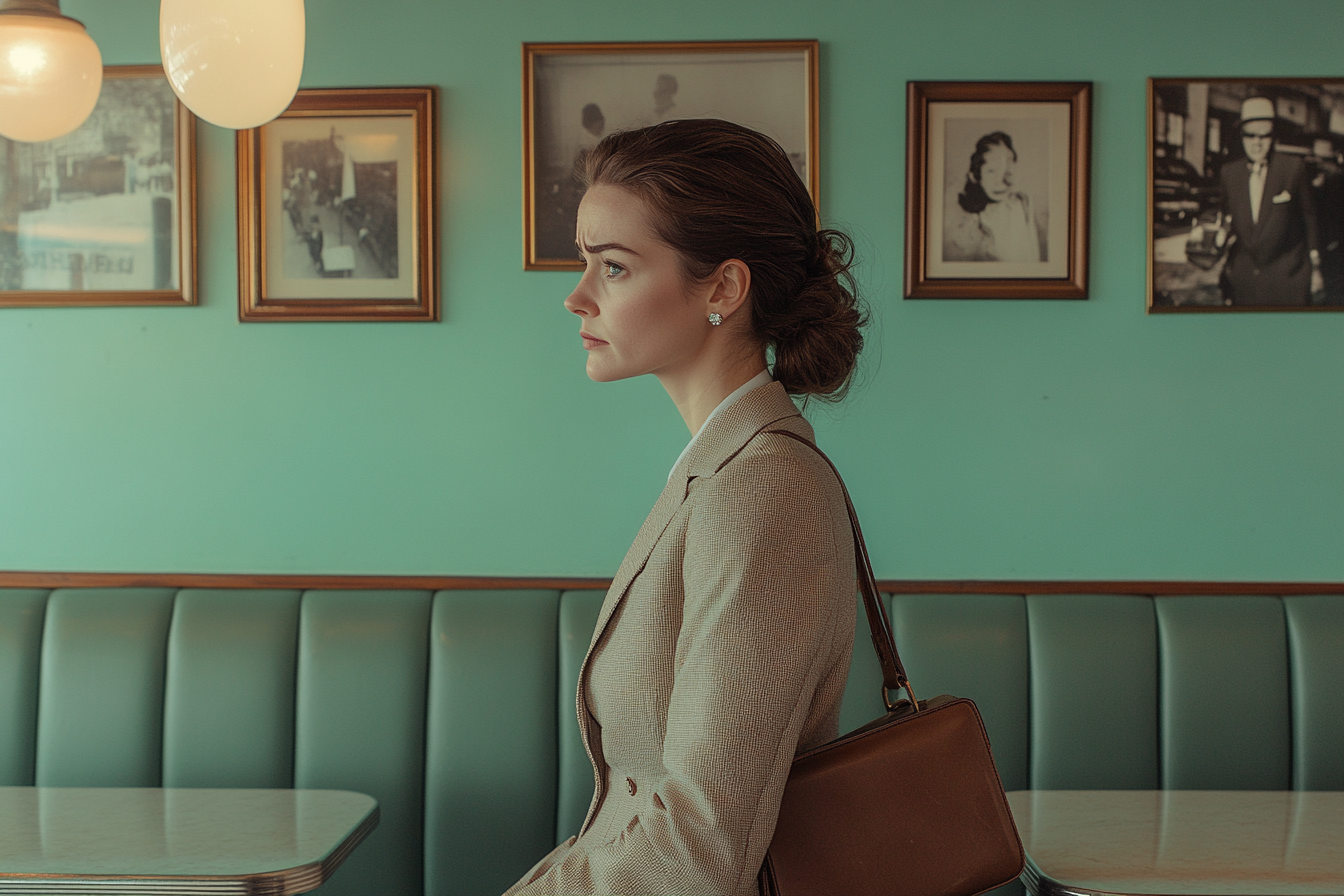 Woman in her 30s with a brown leather purse looking disappointed standing by a booth in a café | Source: Midjourney