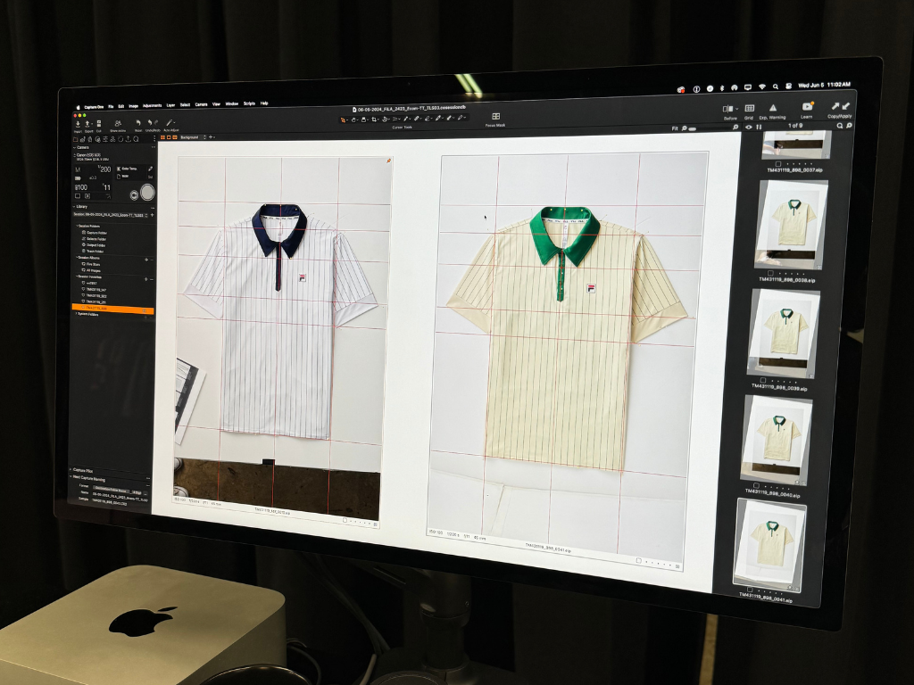 A computer screen displaying product images with grid lines, preparing for retouching post-production