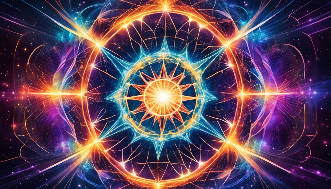 A cosmic web of interconnected energy fields and geometric shapes, radiating with colorful light and pulsing with the rhythm of the universe. Each shape represents a different universal law, intricately woven together to create a perfect balance. The center of the image is a supernova explosion, symbolizing the birth of new ideas and creations that align with the universal energies. The entire image is surrounded by a halo of golden light, symbolizing the power and abundance that comes from manifesting one's obsessions in alignment with the universal laws.