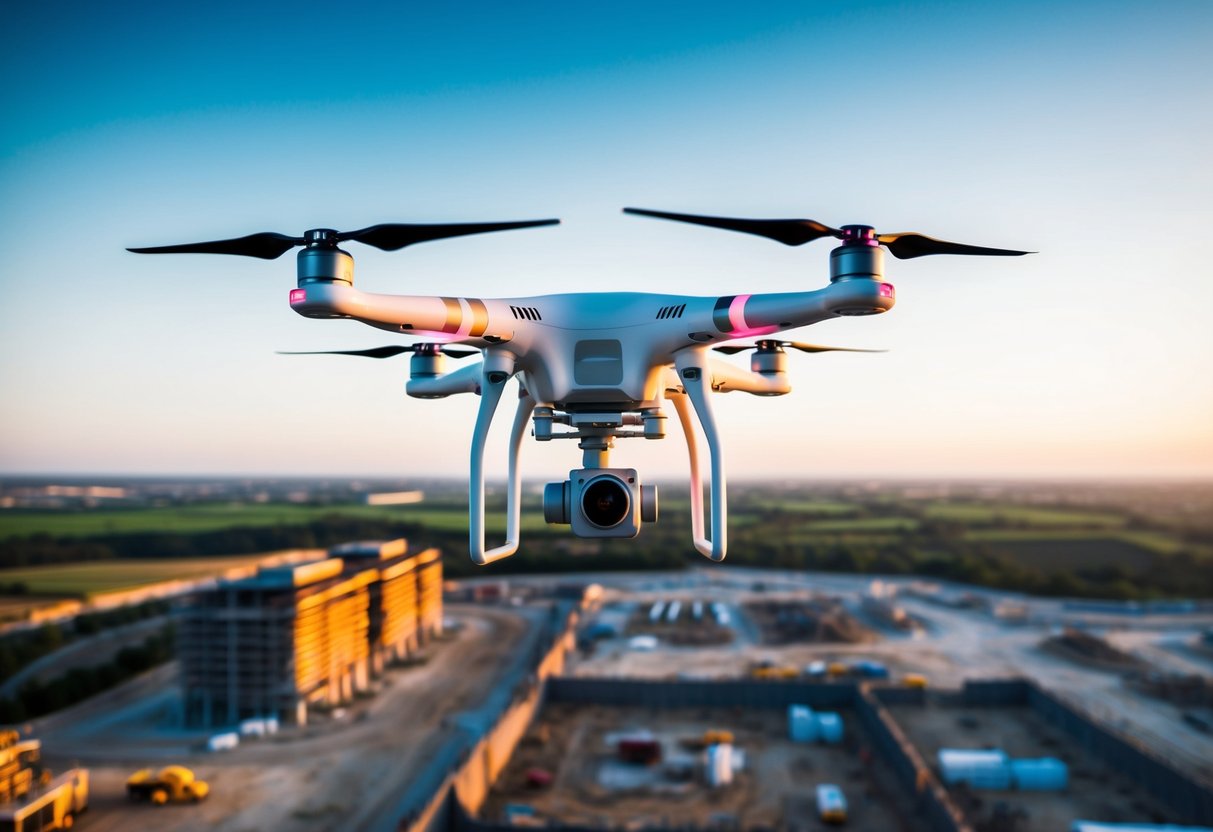 A drone hovers over a construction site, capturing detailed images of the land below. Its high-tech equipment includes a camera and GPS system, revolutionizing the way land and construction projects are mapped