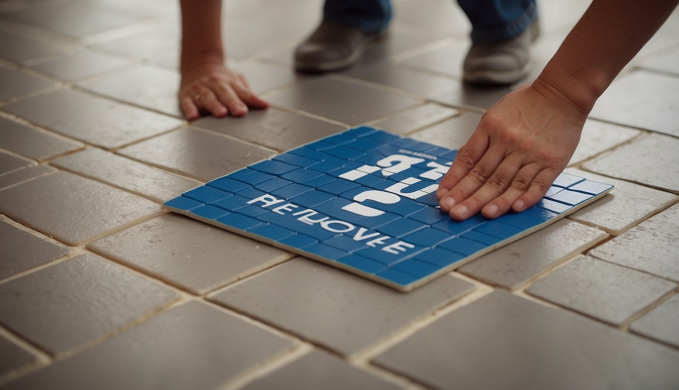 A hand holding a PVC flooring tile over an existing tiled floor, with a question mark above and the words "Why Not Just Remove The Tile?" in a thought bubble