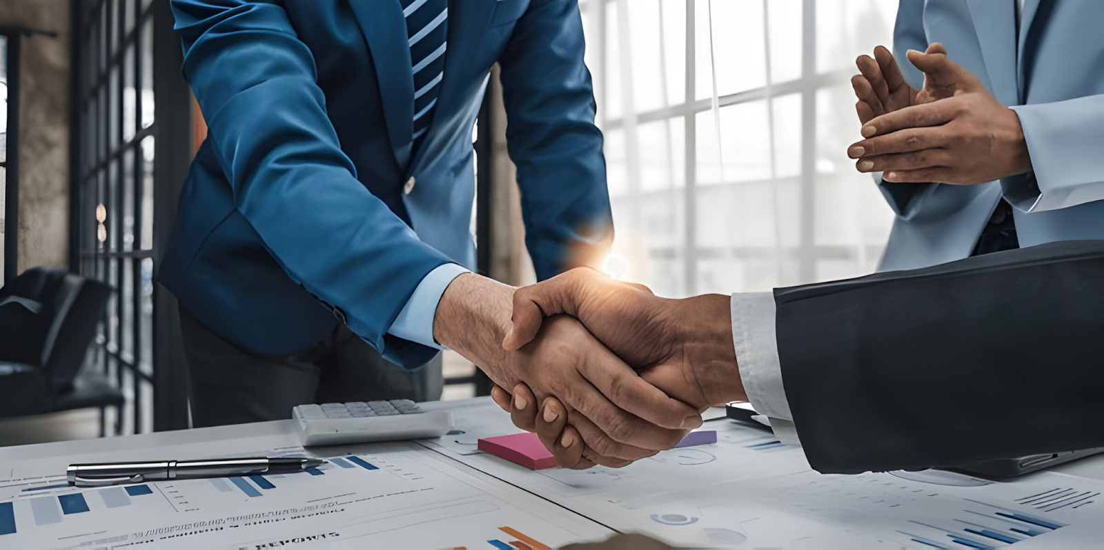 Business professionals shaking hands over financial documents, symbolizing the critical role of accountants in ensuring a successful merger or acquisition by guiding financial integration and securing positive outcomes