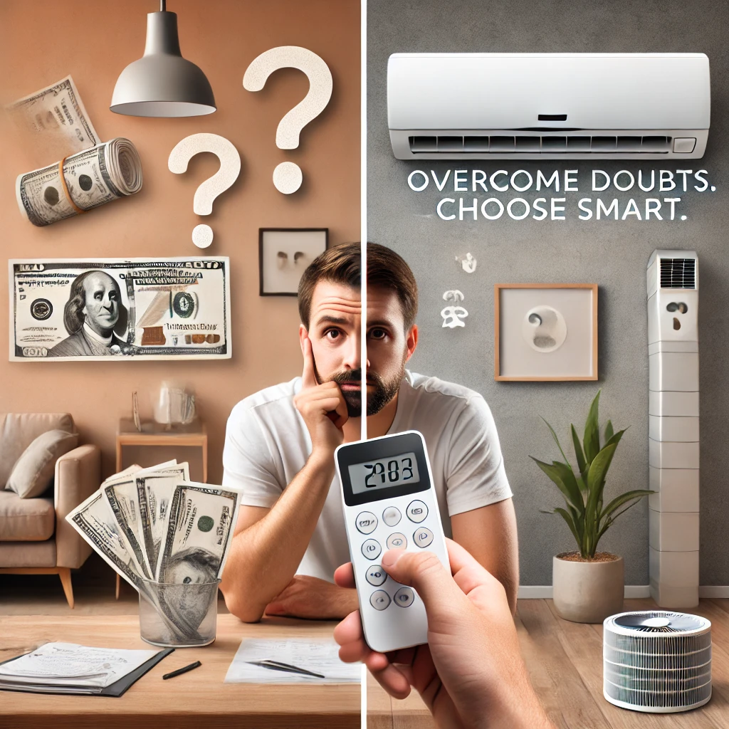Split image of a stressed homeowner holding utility bills and a calm user adjusting a mini-split remote, highlighting common concerns and solutions.