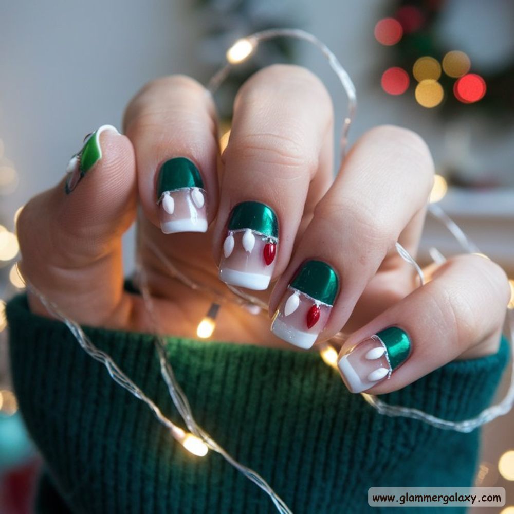 Short Christmas Nails having Christmas Lights Art