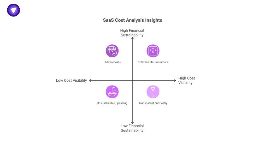 SaaS cost analysis insights matrix showing cost visibility and financial sustainability across four quadrants.
