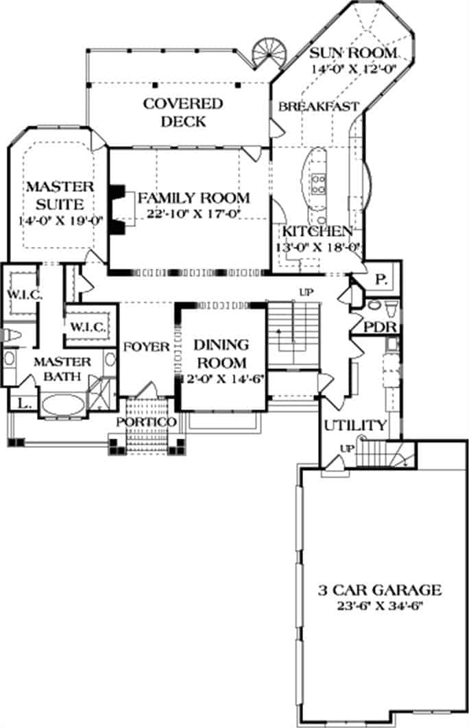 Main level floor plan of a 3-bedroom craftsman style two-story home with front and rear porches, foyer, formal dining room, family room, kitchen, breakfast nook, sunroom, primary suite, and utility leading to the garage.