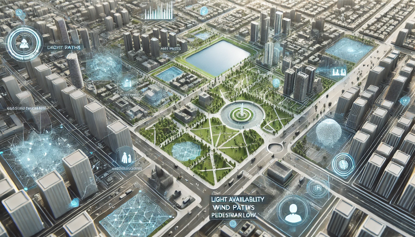 A bird's-eye view of a futuristic city layout, designed with AI algorithms. The image includes multiple buildings, parks, and roads arranged in an optimized pattern. Various data points like light availability, wind paths, and pedestrian flow are visualized as overlays, demonstrating the AI's role in enhancing the city's efficiency and habitability.