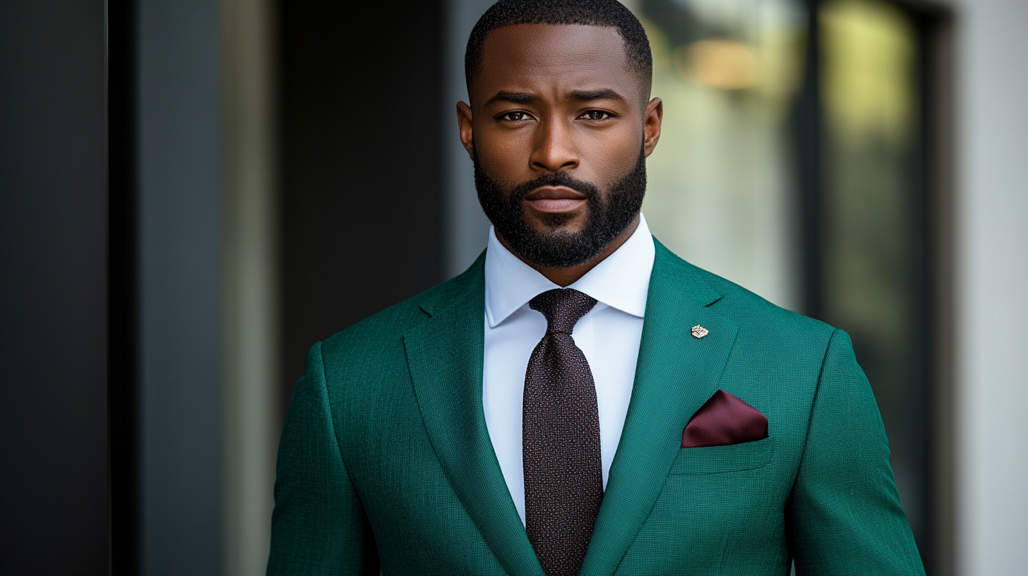 
Tailored emerald green suit designed for medium skin tones, with a rich, deep shade that enhances natural warmth. Paired with a crisp white dress shirt and a textured dark gray tie for a sophisticated contrast. Accented with a sleek pocket square in burgundy and polished black leather shoes for added depth and vibrancy. The suit's fabric has a subtle sheen, highlighting its luxurious texture. Background features soft, warm lighting in a refined indoor setting, enhancing the richness of the emerald and complementing the overall look.