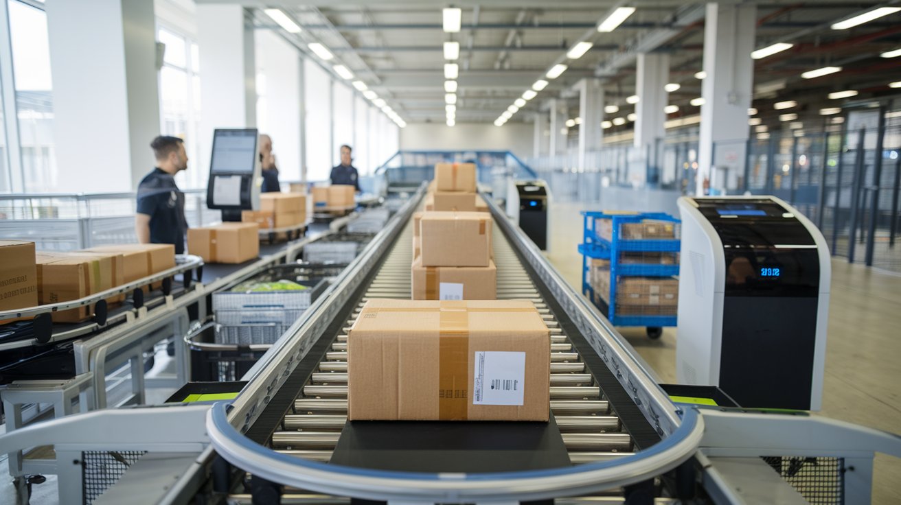 Automated shipping process with smart systems sorting and labeling packages