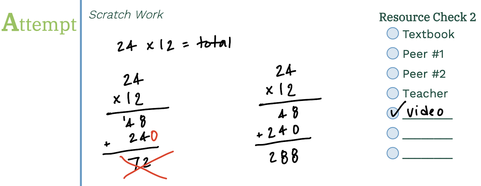 handwritten work of a 2 digit multiplication problem