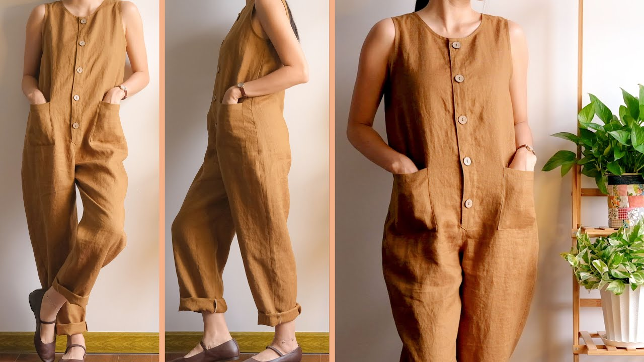 A breezy linen jumpsuit in a neutral shade, accessorized with a espadrille sandals.