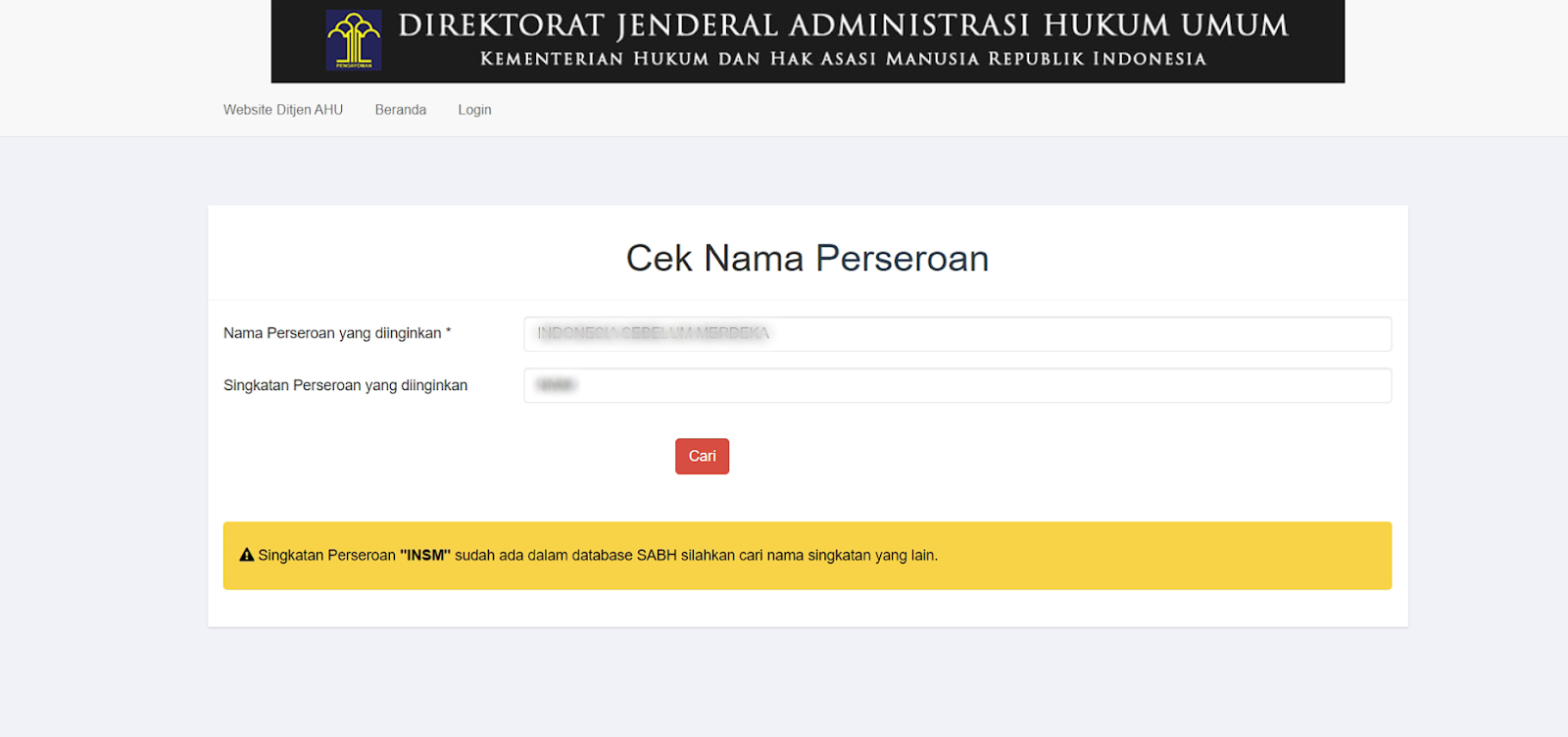 cek nama perseoran