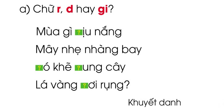 BÀI 29: CON NGƯỜI VỚI THIÊN NHIÊNChia sẻCâu 1: Em sẽ làm gì để phòng tránh mưa, nắng, nóng, lạnh.Đáp án chuẩn:- Trời mưa em mặc áo mưa hoặc dùng ô che.- Trời nắng em đội mũ hoặc che ô.- Trời nóng em dùng quạt điện hoặc điều hòa.- Trời lạnh em mặc áo ấm.Câu 2: Em hoạt động vui chơi như thế nào trong mỗi mùa?Đáp án chuẩn:Mỗi mùa hè em đều đặn đi bơi để nâng cao sức khỏe mỗi ngày.BÀI ĐỌC 1: ÔNG MẠNH THẮNG THẦN GIÓCâu 1: Truyện có những nhân vật nào?Đáp án chuẩn:Ông Mạnh và Thần Gió.Câu 2: Trong hai nhân vật:a) Nhân vật nào tượng trưng cho sức mạnh của con người?b) Nhân vật nào tượng trưng cho sức mạnh của thiên nhiên?Đáp án chuẩn:a) Ông Mạnh.b) Thần Gió.Câu 3: Chi tiết nào nói lên sức mạnh của con người?Đáp án chuẩn:Ông Mạnh vào rừng đẵn những cây gỗ lớn nhất làm cột và chọn những viên đá to nhất làm tường.Câu 4: Ông Mạnh trong câu chuyện đã làm gì để Thần Gió trở thành bạn của mình?Đáp án chuẩn:Ông Mạnh trong câu chuyện đã xây một ngôi nhà thật vững chắc để Thần Gió không quật đổ được. Sau vài tháng Thần Gió quay trở lại tìm ông Mạnh với sự ăn năn và từ đó hai người trở thành bạn.Luyện tập Câu 1: Sử dụng câu hỏi Vì sao? để hỏi đáp với bạn về nội dung câu chuyện.Đáp án chuẩn:- Vì sao Thần Gió phải chịu thua ông Mạnh?- Vì ông Mạnh đã làm một ngôi nhà rất vững chãi.- Vì sao ông Mạnh quyết tâm xây một ngôi nhà thật vững chãi?- Vì ông Mạnh đã bị Thần Gió xô ngã và bỏ đi với tiếng cười ngạo nghễ khinh thường.Câu 2: Nói 1-2 câu thể hiện sự đồng tình của em với ông Mạnh.a) Khi ông quyết tâm làm một ngôi nhà thật vững trãi.b) Khi ông kết bạn với Thần Gió.Đáp án chuẩn:a) Ông Mạnh quyết xây một ngôi nhà vững chãi để thể hiện sức mạnh của con người không thua kém sức mạnh của thiên nhiên.b) Khi ông Mạnh kết bạn với thần Gió cho thấy rằng con người và thiên nhiên có thể hòa hợp với nhau.Bài viết 1Câu 1: Nghe - viết: Buổi trưa hè (3 khổ thơ đầu)Đáp án chuẩn:Nghe - viếtCâu 2: Tìm những chữ hoặc dấu thanh phù hợp:Đáp án chuẩn:a)dịuGió         rungrơib) ởkhẽRủCâu 3: Chọn tiếng trong ngoặc đơn phù hợp với ô trống:a) (ra, da, gia)         ... đình                  ... vào                 ... sức              cặp ...b) (vỏ, võ)         ... cam                  múa ...                ... trứng            ... sĩĐáp án chuẩn:a) gia đình, ra vào, ra sức, cặp dab) vỏ cam, múa võ, vỏ trứng, võ sĩCâu 4: Tập viếta) Tập viết chữ hoab) Viết ứng dụng: Ăn bát cơm dẻo, nhớ nẻo đường điĐáp án chuẩn:a) Tập viết chữ hoab) Viết ứng dụng: Ăn bát cơm dẻo, nhớ nẻo đường điBÀI ĐỌC 2: MÙA NƯỚC NỔICâu 1: Bài văn tả mùa nước nổi ở vùng nào?Đáp án chuẩn:Đồng bằng sông Cửu Long.Câu 2: Vì sao người ta gọi đó là mùa nước nổi? Chọn ý đúng:a) Vì nước dâng lên hiền hòa.b) Vì nước lũ đổ về dữ dội.c) Vì mưa dầm dề.Đáp án chuẩn:a)Câu 3: Tìm một vài hình ảnh về mùa nước nổi trong bài.Đáp án chuẩn:Dòng sông Cửu Long đã no đầy, lại tràn qua bờ, tràn qua cả mặt đường. Đồng ruộng, vườn tược và cây cỏ như biết giữ lại hạt phù sa ở quanh mình, nước lại trong dần. Những đàn cá ròng ròng, từng đàn, từng đàn xuôi theo dòng nước, vào tận đồng sâu.Luyện tậpCâu 1: Tìm bộ phận câu trả lời cho câu hỏi Thế nào?a) Nước dâng lên cuồn cuộn.b) Mưa dầm dề ngày này qua ngày khác.Đáp án chuẩn:a) Cuồn cuộn.b) Dầm dề từ ngày này qua ngày khác.Câu 2: Đặt một câu hỏi về mùa nước nổi theo mẫu Ai thế nào?Đáp án chuẩn:Đồng ruộng, vườn tược đều bị dòng nước nhấn chìm.Bài viết 2