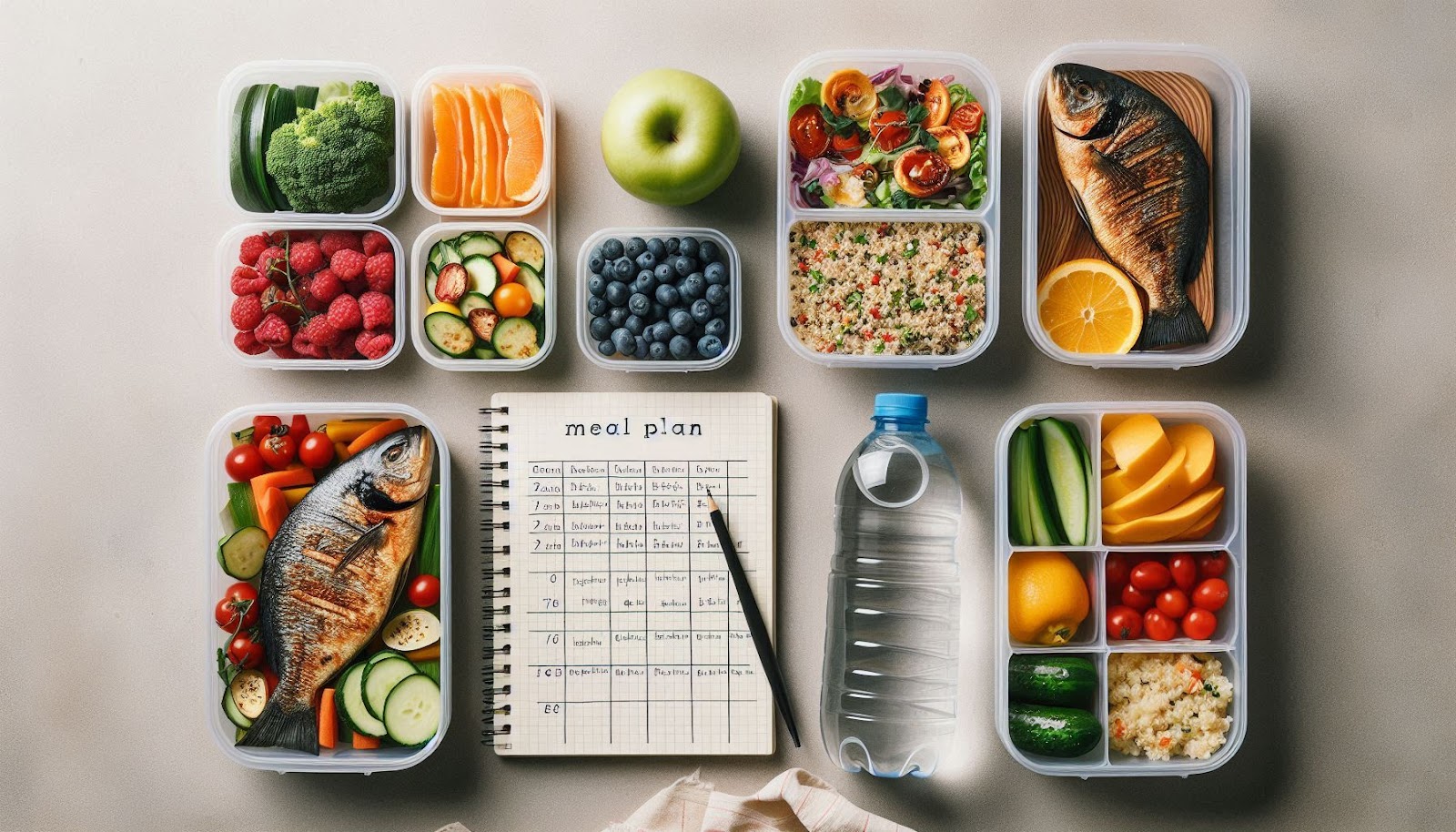 Healthy eating guide - A weekly meal planning notebook with healthy prepped meals, water, and fresh fruits for sustainable eating habits.