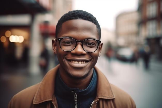 Premium Photo | Happy african american man wearing glasses looking at  camera cheerful black man posing outdoors in c