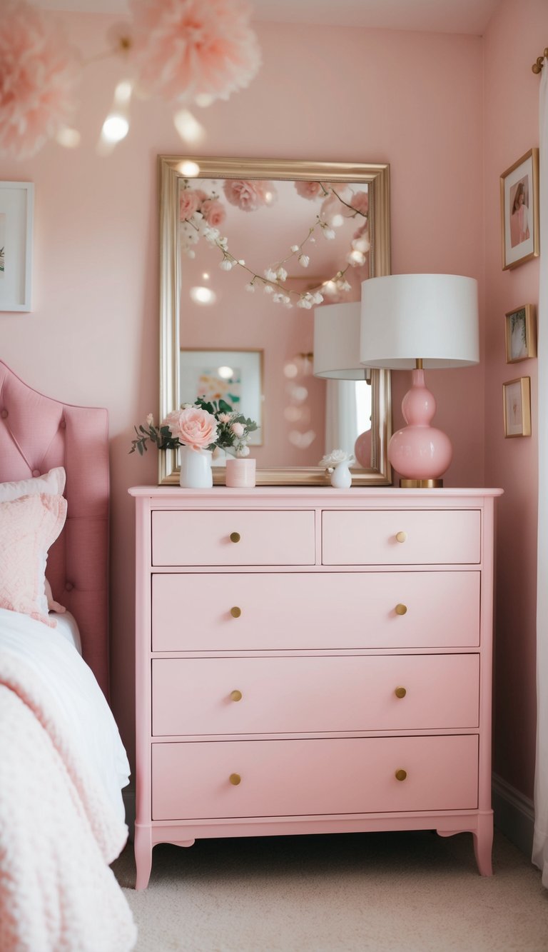 A millennial pink dresser stands in a cozy pink bedroom, surrounded by soft lighting and delicate decor