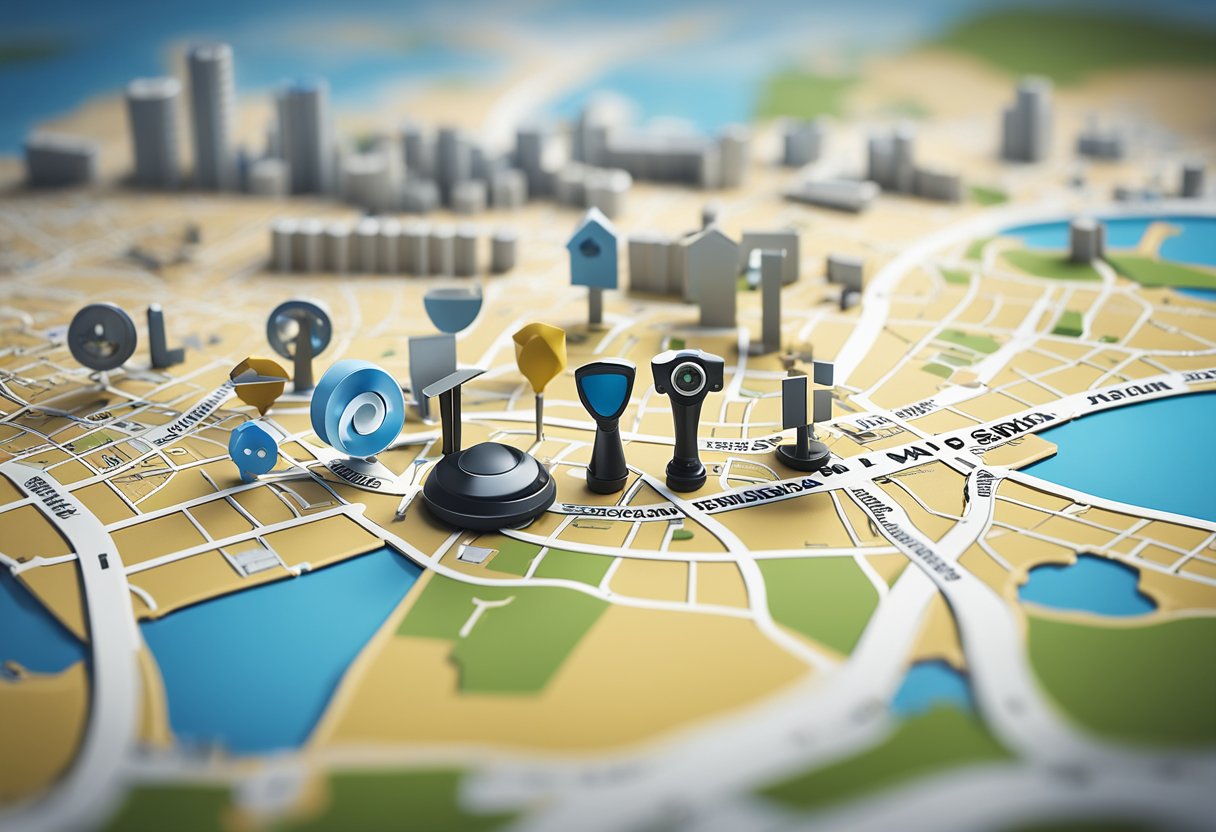 A service-based business logo atop a map of a local area with various landmarks and businesses, surrounded by tools and materials for construction
