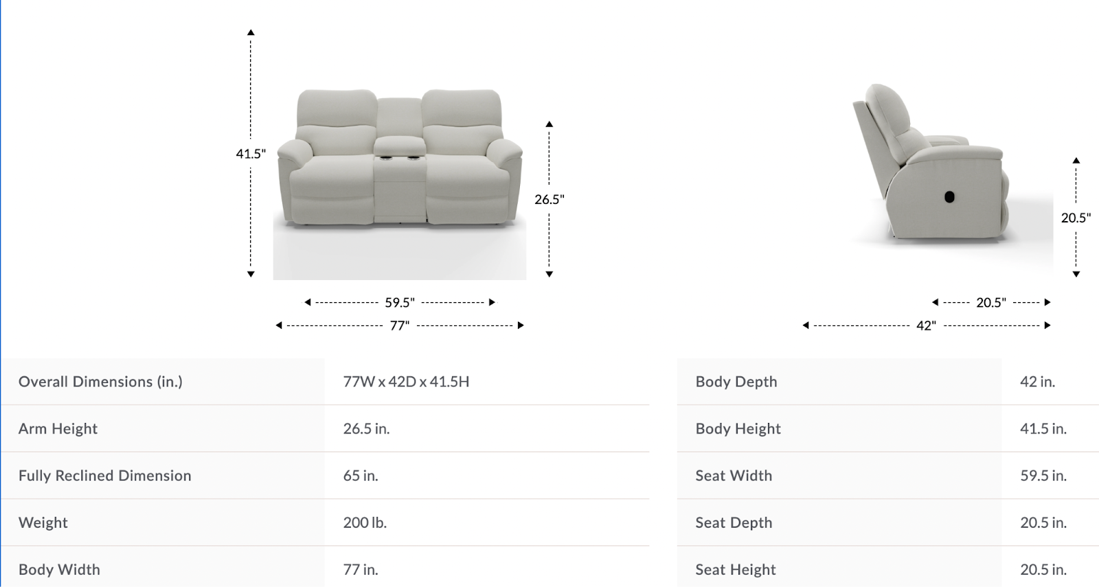 trouper reclining loveseat w/ console dimensions