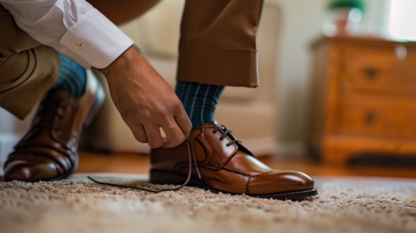 A young man checking his polished, well-fitting prom shoes before heading out. The scene focuses on comfort and preparation--clean shoes, matching socks, and confidence for a long prom night.
