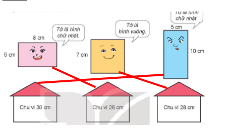 BÀI 50. CHU VI HÌNH TAM GIÁC, HÌNH TỨ GIÁC, HÌNH CHỮ NHẬT, HÌNH VUÔNGHoạt động 1Bài 1: Tính chu vi hình tam giác có độ dài các cạnh là:a) 7 cm, 10 cm và 14 cm.b) 20 dm, 30 dm và 40 dm. c) 15 dm, 20 dm và 15 dm. Đáp án chuẩn:b, 90 dm.c) 50 dm.Bài 2: Tính chu vi hình tứ giác có độ dài các cạnh là:a) 3 dm, 4 dm, 5 dm và 6 dm.b) 10 cm, 15 cm, 10 cm và 15 cm.Đáp án chuẩn:a) 18 dmb) 50 cm.Bài 3: Rô-bốt dùng đèn nháy để trang trí thuyền như hình vẽ. Hỏi chiều dài đoạn dây đèn nhảy là bao nhiêu xăng-ti-mét?Đáp án chuẩn:Chiều dài đoạn dây đèn nháy là 150 cmHoạt động 2Bài 1: Số?Đáp án chuẩn:Bài 2: Tính chu vi hình chữ nhật có:a) Chiều dài 6 cm, chiều rộng 4 cm.b) Chiều dài 8 m, chiều rộng 2 m.c) Chiều dài 15 dm, chiều rộng 10 dm.Đáp án chuẩn:b) Chu vi hình chữ nhật là 20 mc) Chu vi hình chữ nhật là 50 dmBài 3: Đố em biết, Nam cần dùng bao nhiêu que tính để xếp thành một hình vuông có cạnh gồm 3 que tính như hình vẽ trên?Đáp án chuẩn:Để xếp thành hình vuông có cạnh gồm 3 que tính, Nam cần 12 que tính.Luyện tập