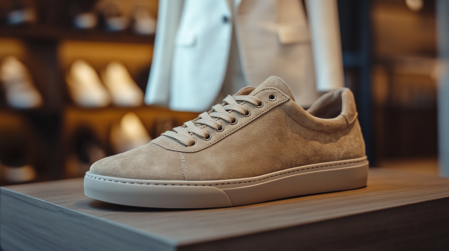 A pair of soft, textured suede sneakers, placed on a smooth, neutral-toned surface. In the blurred background, a white suit is gracefully draped on a mannequin, adding a refined and elegant touch to the overall composition.