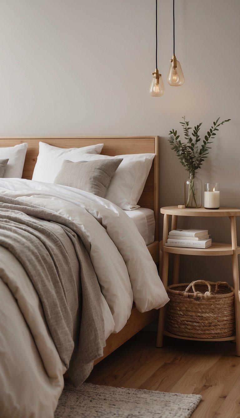 A serene bedroom with neutral tones: beige walls, white bedding, and light wood furniture. Accents of soft grey and cream create a calming atmosphere