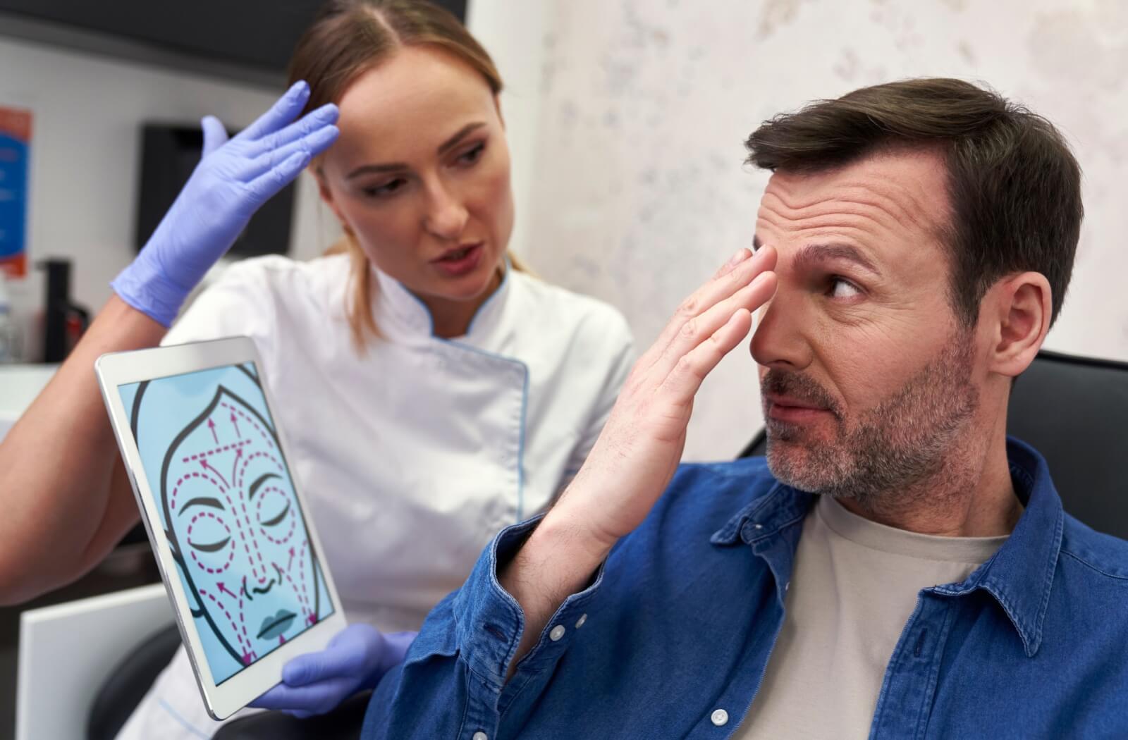 An optometrist uses an outline to illustrate how Morpheus8 can lift, firm, and improve the appearance of aging skin during their patients' consultation.