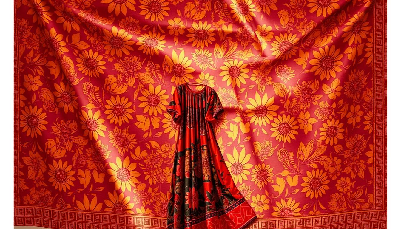 A vibrant Malaysian batik fabric unfurls, showcasing a mesmerizing array of intricate floral motifs in a rich palette of warm hues. The pattern is punctuated by bold geometric designs, creating a captivating interplay of organic and angular elements. Rays of gentle, diffused lighting accentuate the subtle textures and depth of the fabric, evoking a sense of timeless craftsmanship. In the foreground, a traditional batik garment, such as a long sarong or a flowing blouse, hangs gracefully, its folds and drapes highlighting the versatility and elegance of this iconic Malaysian textile art.
