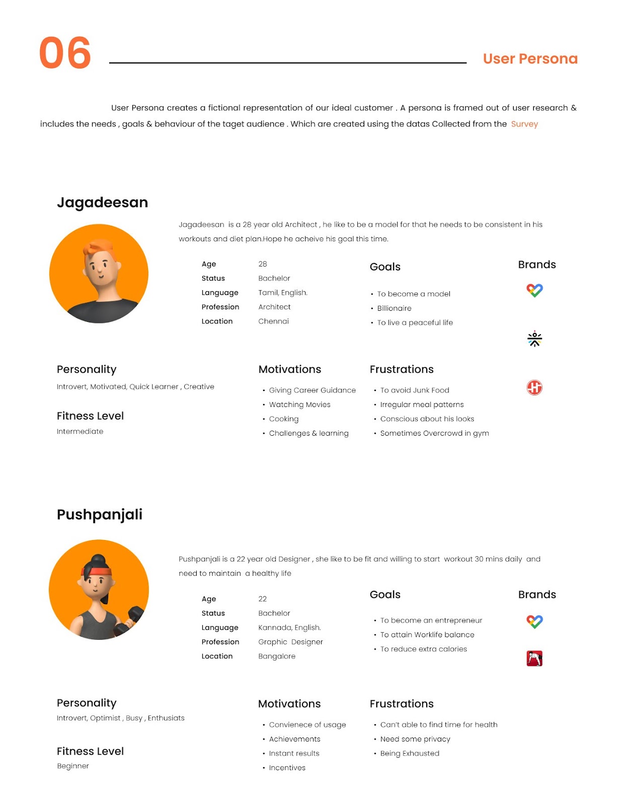 A user-centric design document for Jagadeesan and Pushpanjali features their profiles, motivations, frustrations, and personality traits.