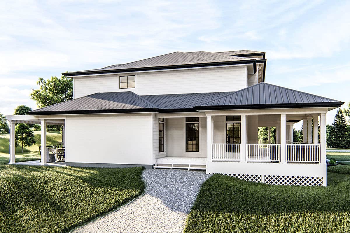 Left rendering showcasing the wraparound porch bordered by white columns and railings.