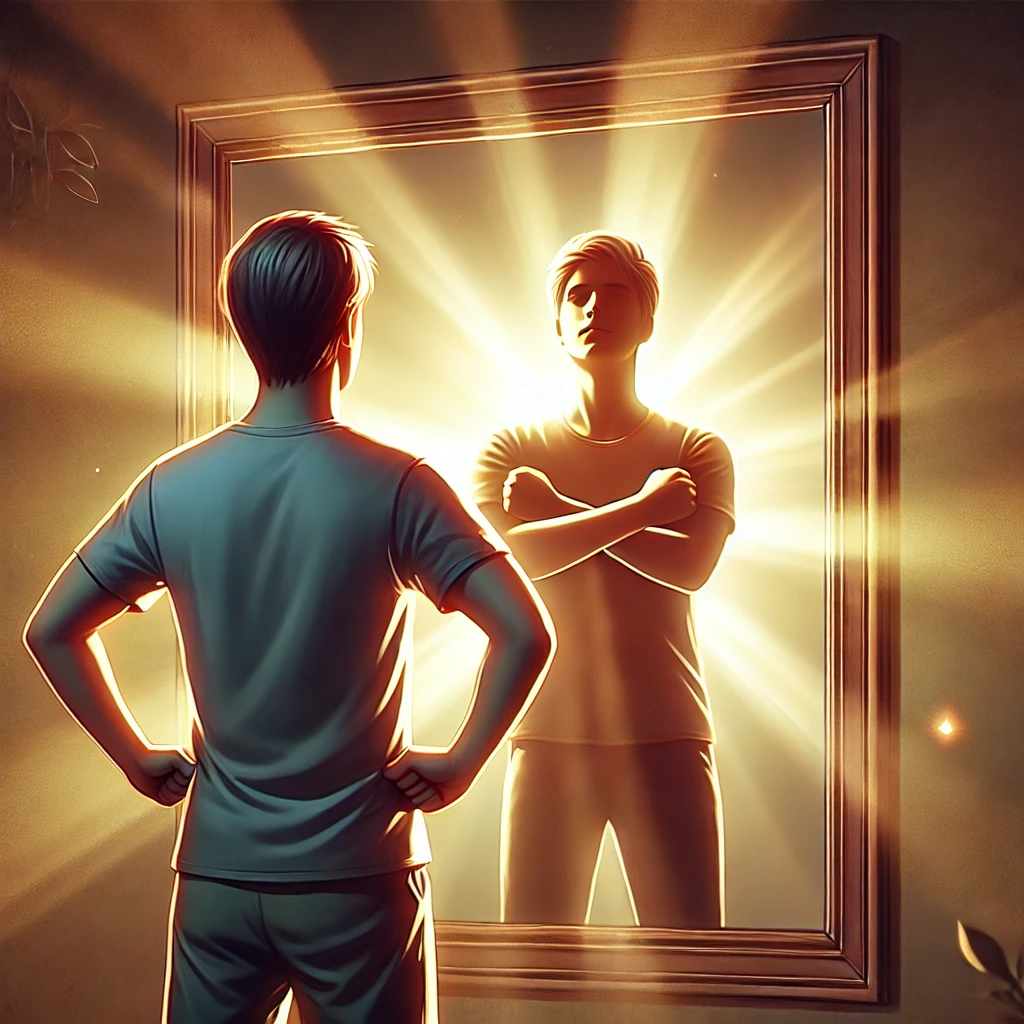 A person standing in front of a mirror with a determined expression, gazing at their reflection. The reflection shows a version of themselves radiating confidence and inner strength. The softly lit background symbolizes personal growth and self-awareness, highlighting the theme of overcoming self-doubt and embracing inner transformation.