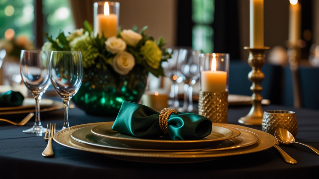 Black Table Cloth Green Waterfall Napkins Gold Charger